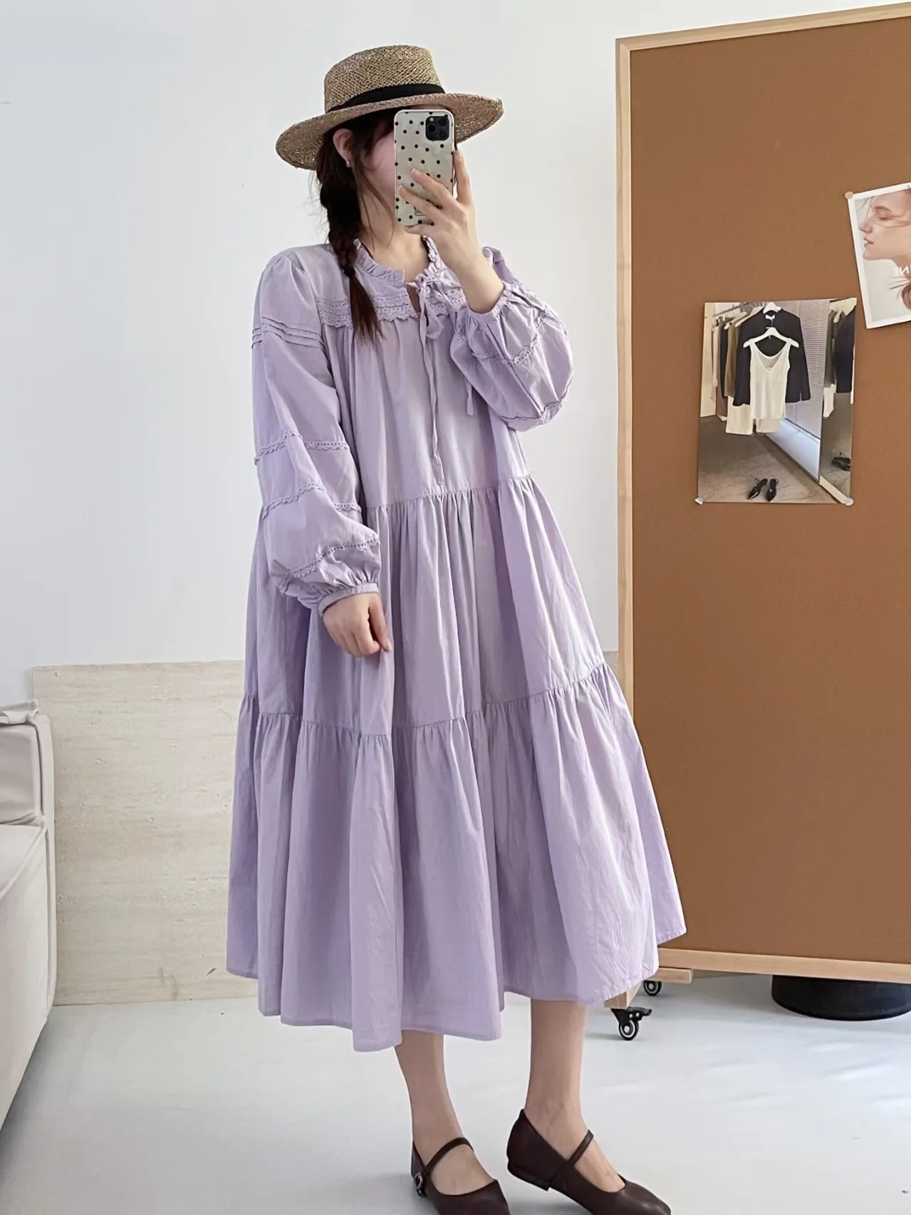 Vestido japonés dulce Mori Girl de Color sólido con volantes para mujer otoño nuevo lindo cuello con cordones manga larga Casual vestidos Midi sueltos
