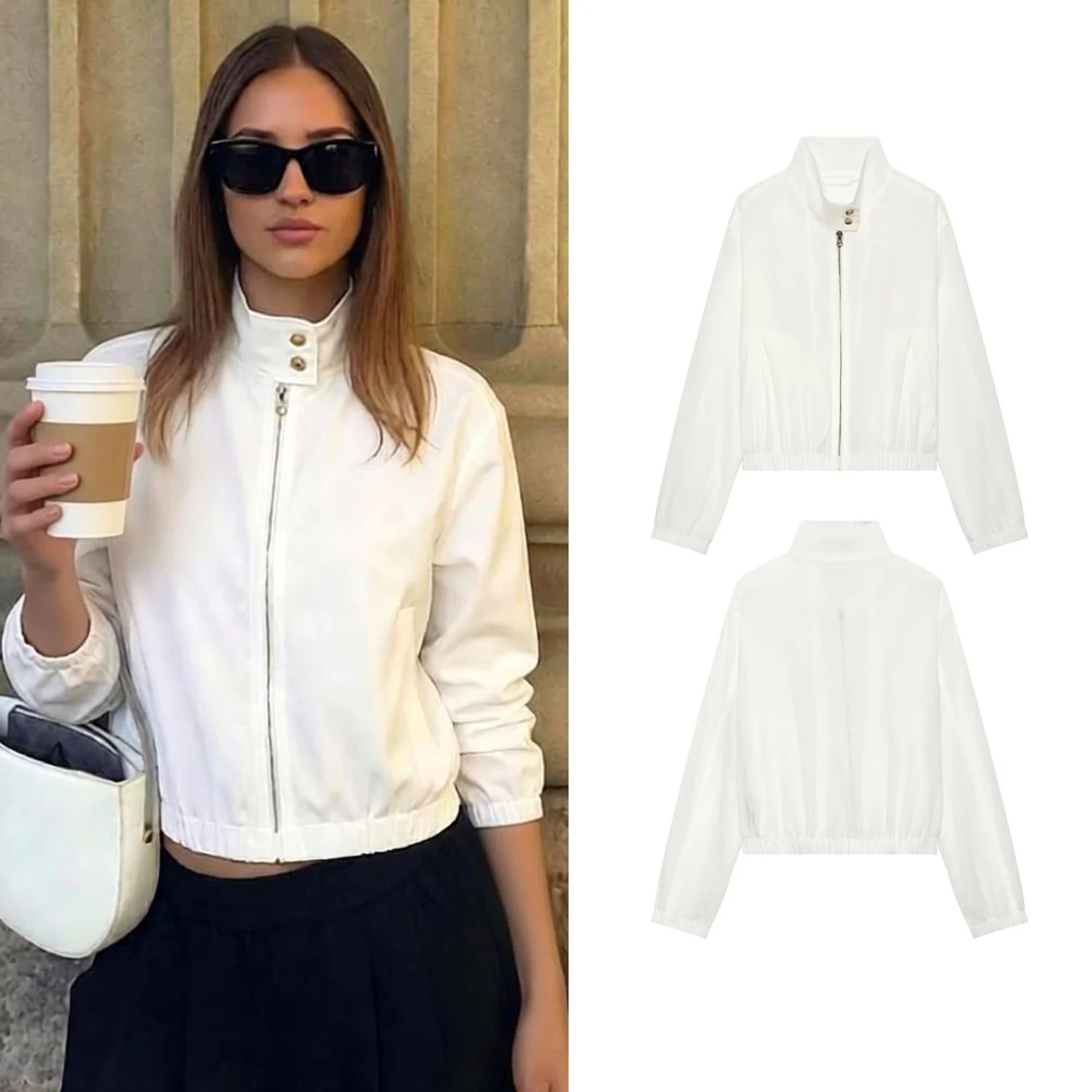 Spring Autumn Women White Stand Jackets Casual Versatile Female Zipper Long Sleeved Casual Coats Lady Daily Outwear Clothing
