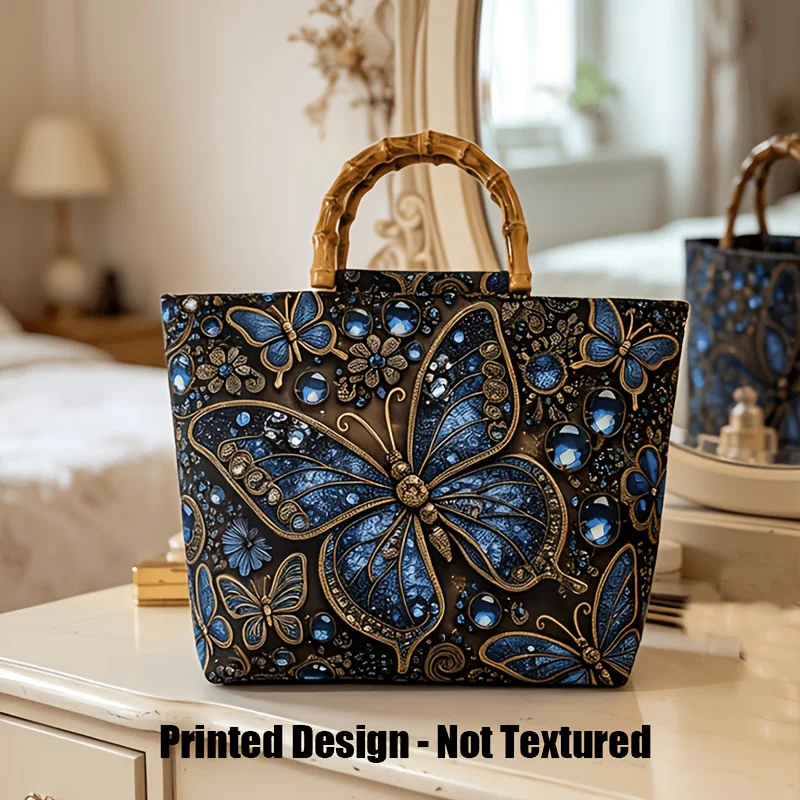 Blue Diamond Butterfly Print Faux Bamboo Handle Tote Bag, Faux Bamboo Joint Handheld Casual Bag