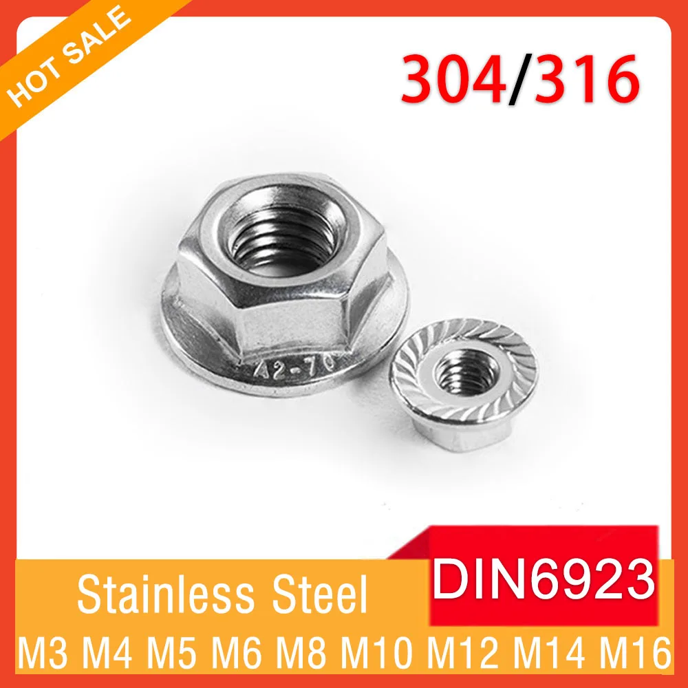 DIN6923 A2/A4 Hexagon Flange Nut M3 M4 M5 M6 M8 M10 M12 M14 M16 304/316 Stainless Steel Serrated Spinlock Lock Nuts