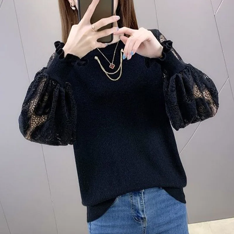 New Spring and Autumn Fashion Trend Hollow Out Embroidered Round Neck Foreigner Versatile Loose Thin Long Sleeve Knitted Sweater