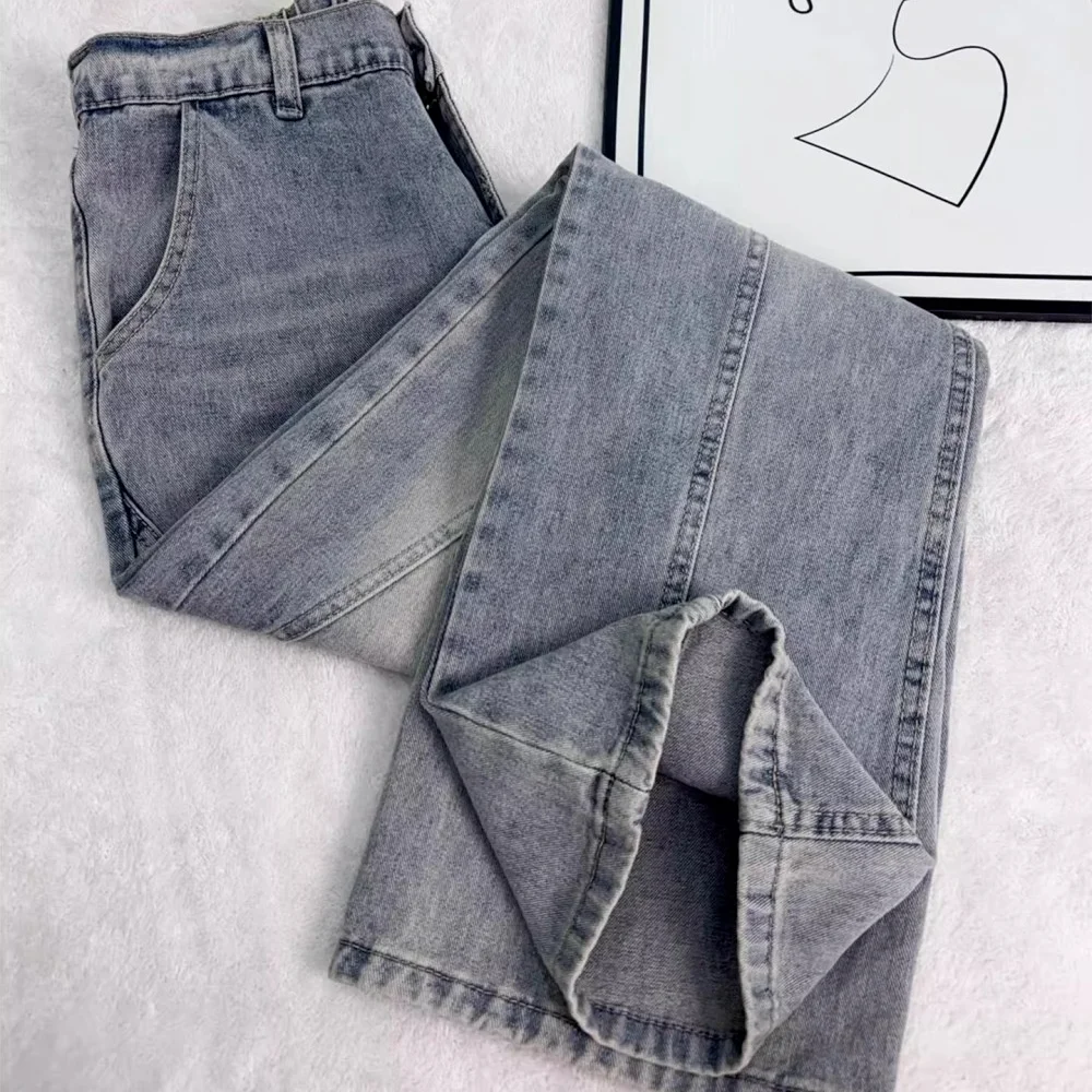 Y2K Korean Men's Jeans American Side-Cut Flared Workwear Pants Half Elastic Waist Slim Straight Retro Blue Leaf Blade Denim