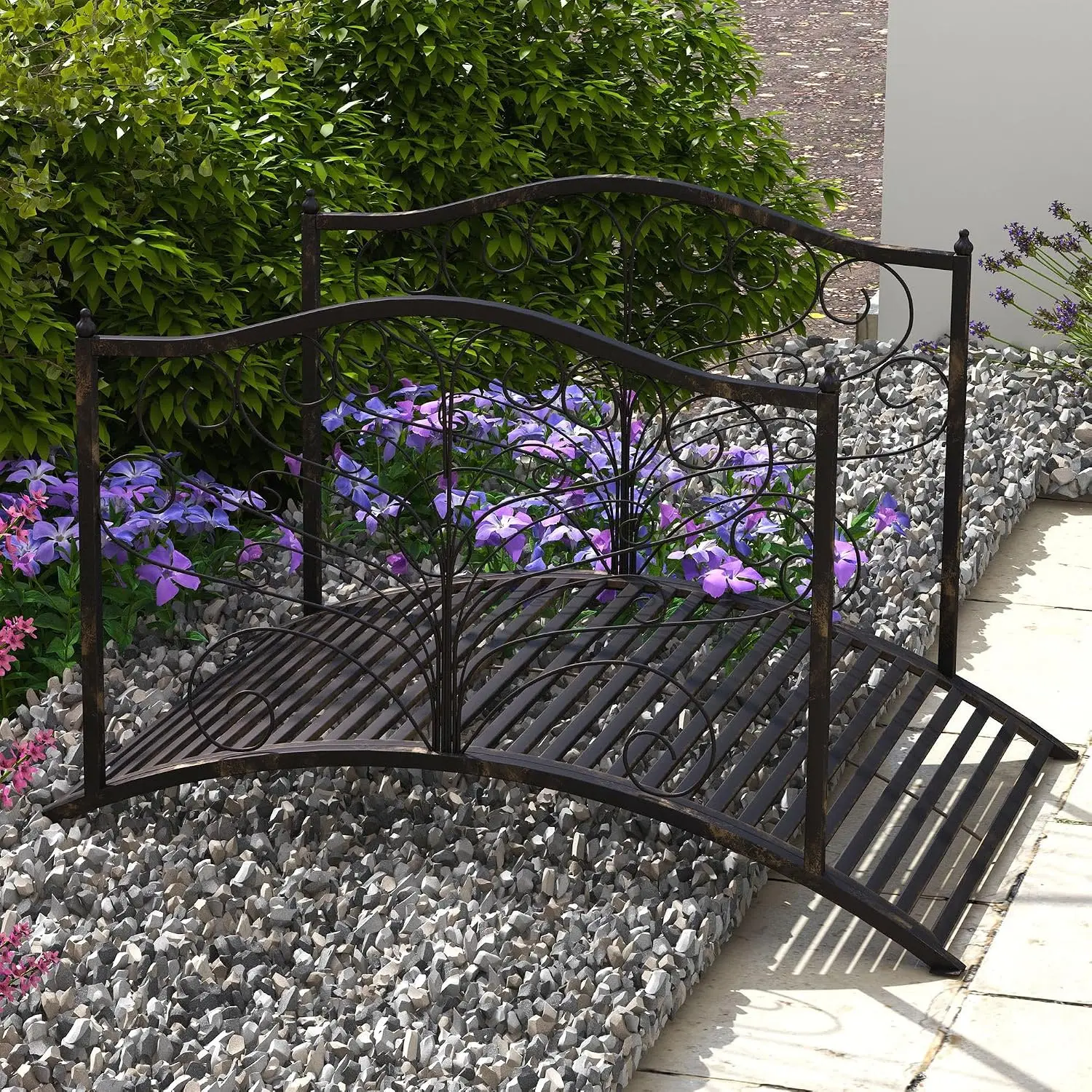 4 Ft Metal Arch Garden Bridge Decorative Backyard Footbridge Frame Safety Siderails Delicate Scrollwork Outdoor Crossing Accent Walkway For Yard Pond Creek Patio Landscape Black Bronze