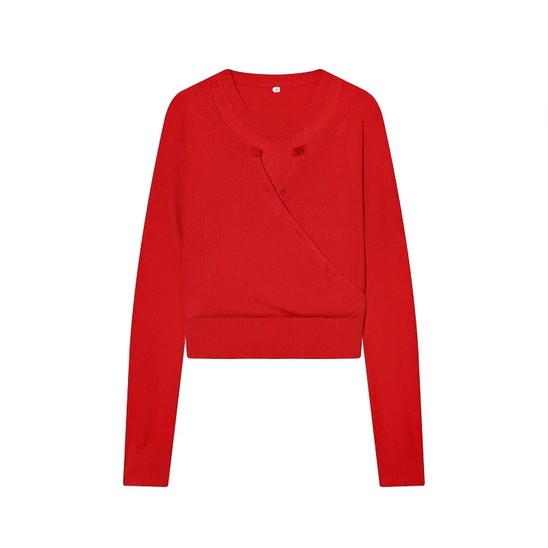 MUJER Red Cardigan Jumpers Women Double Layer Knitted Sweater Women off Shoulder Short Sweaters for Women Button Jersey Pullover
