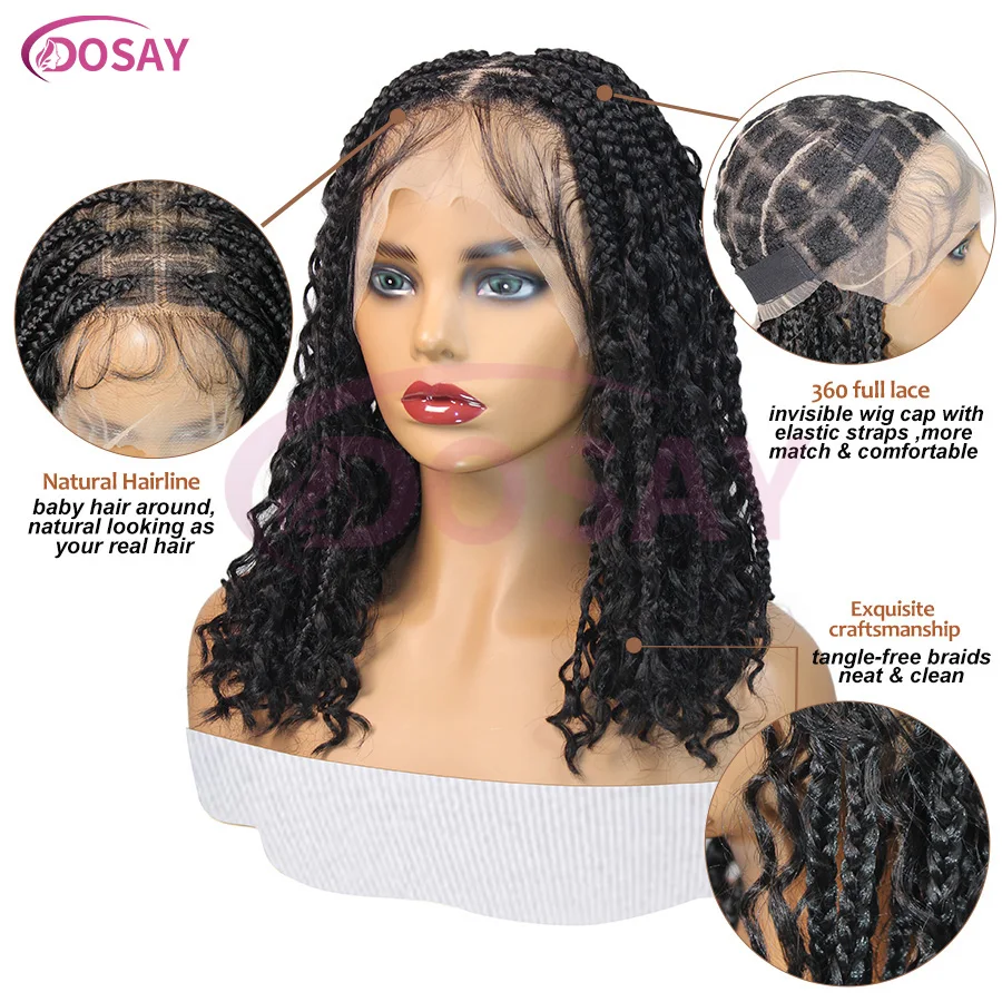 Perruque Lace Front Wig synthétique tressée bouclée style bohémien, courte, 12 pouces, boîte sans nœuds, perruque Bob tressée pour femmes, tresses de déesse Cornrow