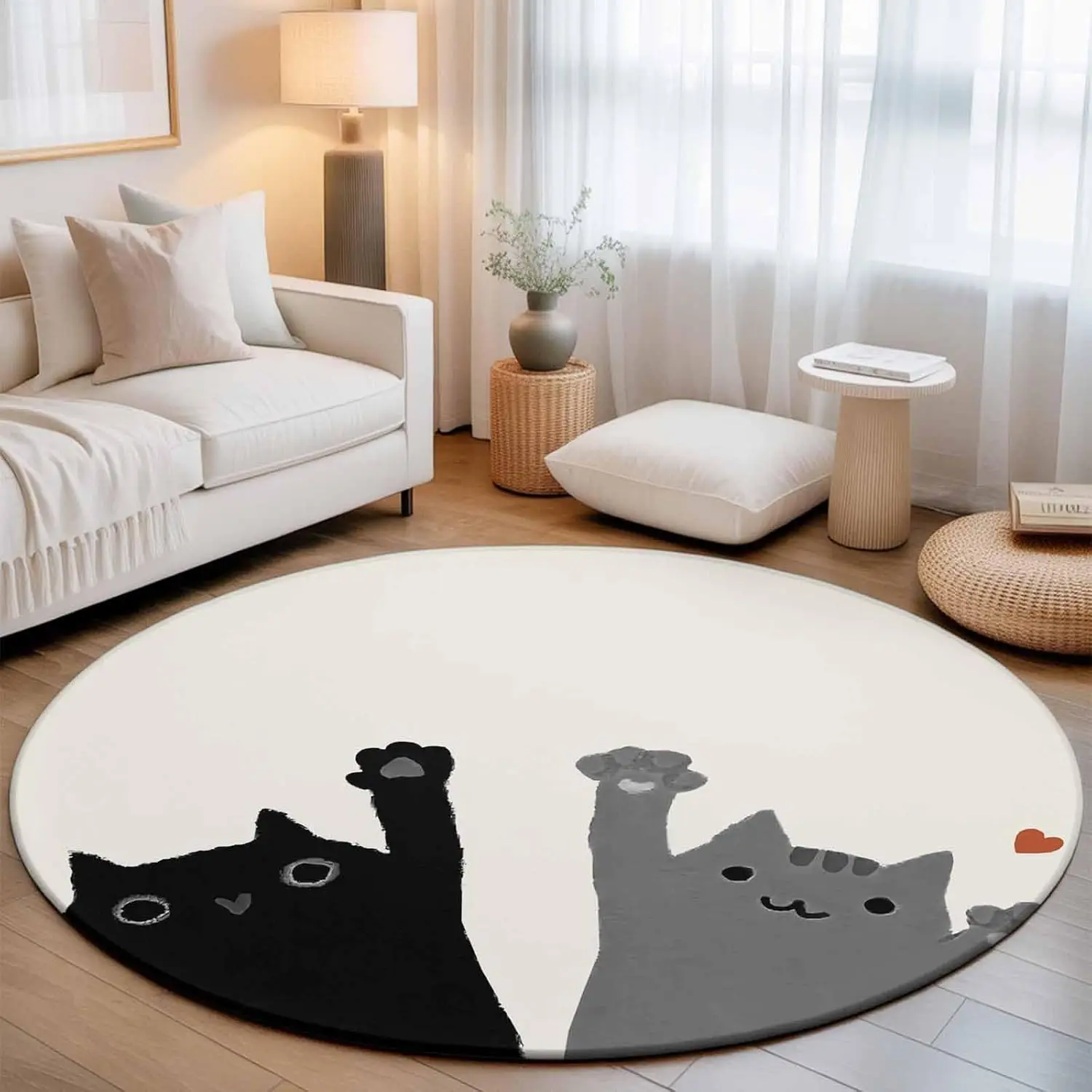 Cute Cat Pattern Round Plush Rug Bath Mat Sponge Floor Decor for Living Room and Nursery Home Gift Pet Lovers