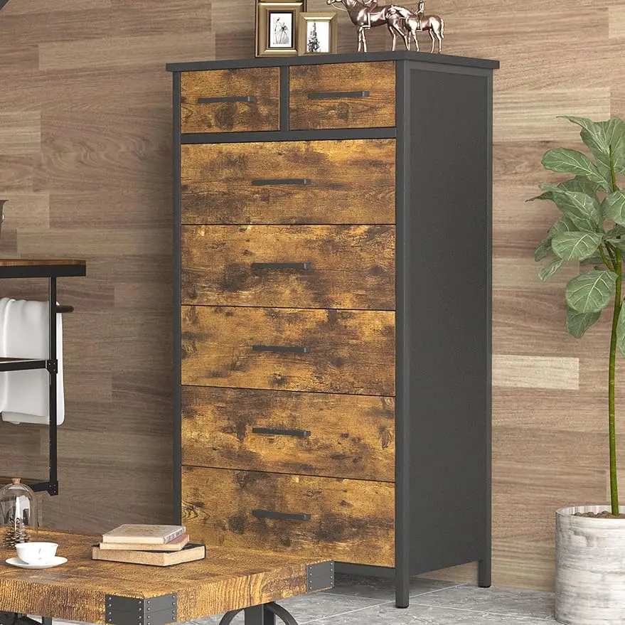 

7 Drawer Tall Dresser, Industrial Wood Storage Dresser Clothes Organizer, Sturdy Steel Frame, for Bedroom