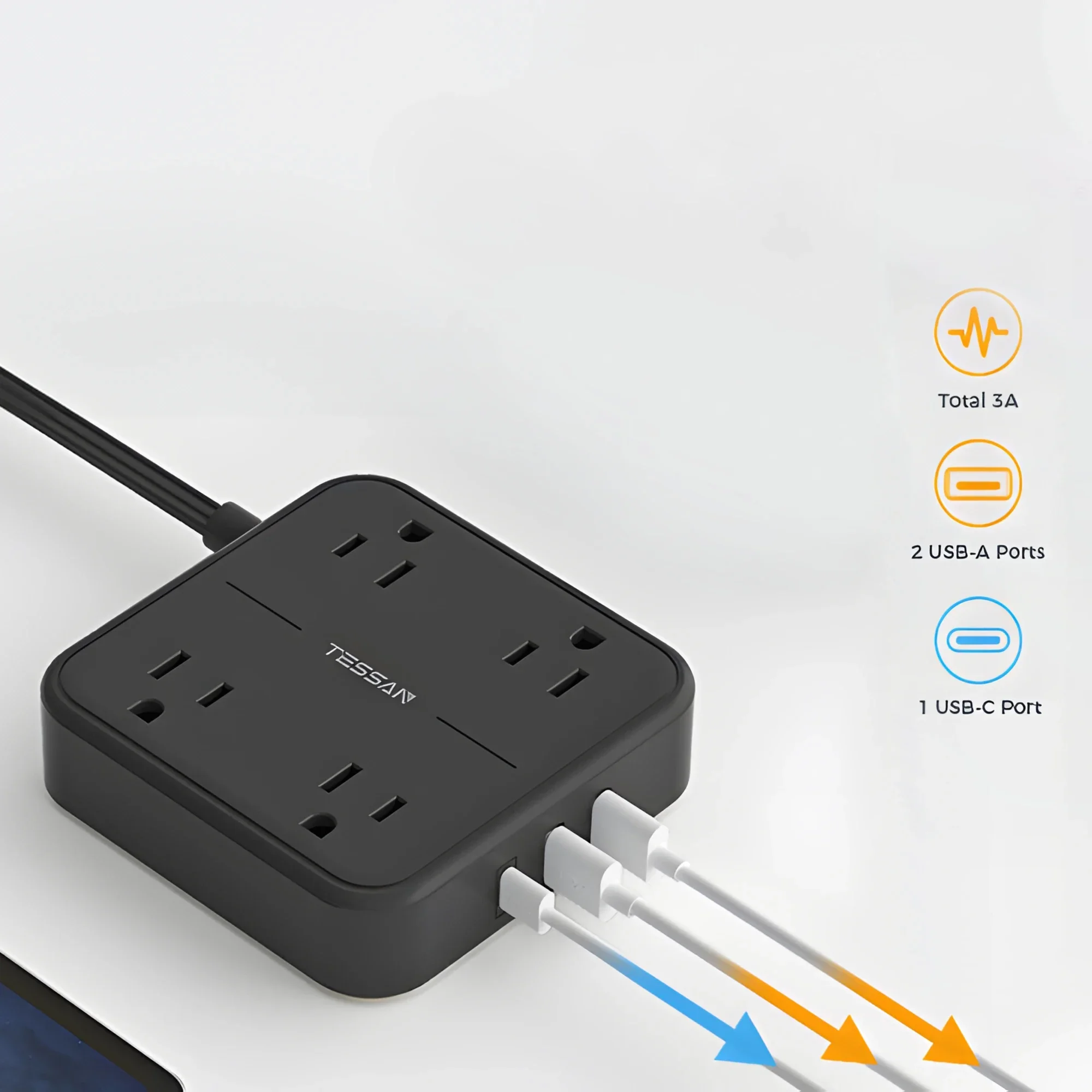 TESSAN Multi-contact Power Strip with Surge Protector Flat Plug Multiple Connector with 4 Outlets and 3 USB(1 Type C)