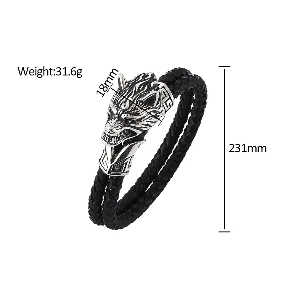 

100pcs/lot men's genuine leather woven rope bracelet, simple wolf head stainless steel fashion bracelet, jewelry wholesale