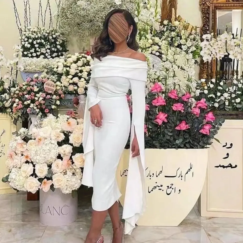 

White Off Shoulder Dress Prom Dresses Long Sleeves Formal Occasion Evening Gowns Ruched Bateau Neck Dubai Wedding Party Dress