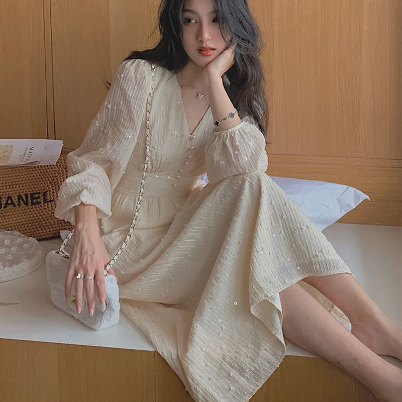 Korean Style Sequins Party Dress Vintage French Puff Long Sleeve Midi Dress Women Elegant V-Neck Fairy Wedding Dress Robe 20586