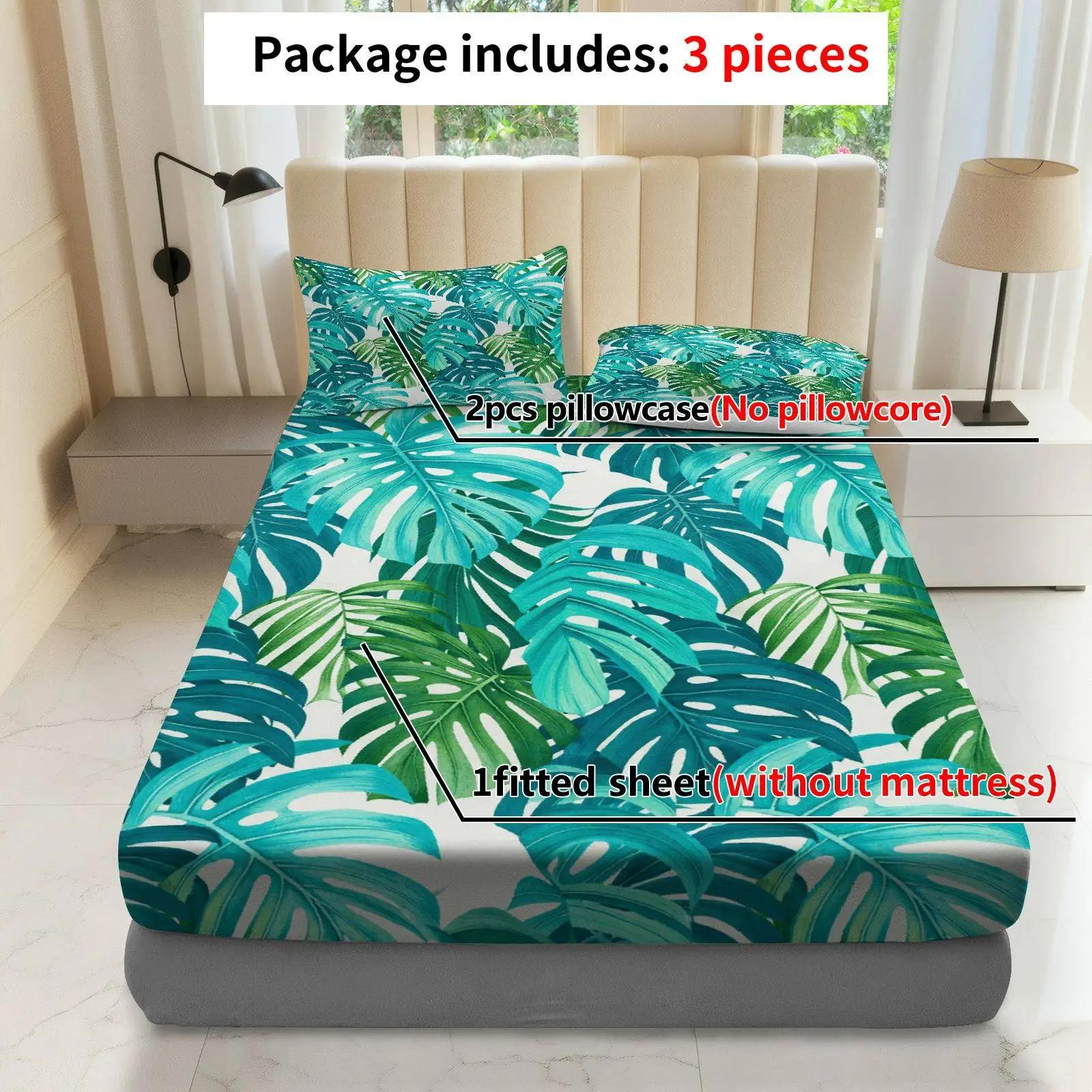 Tropical Green Leaf Natural Style Bed Sheet Set, Summer Theme, Three-Piece Bedding Set (includes 1 fitted sheet + 2 pillowcases), 3-Piece Set, Large-Capacity Deep Pocket 2D Printed Fitted Sheet and 2 Pillowcases, Mattress Protector, Elastic-Fitted Style, Protective Cover, Suitable for All Seasons, Machine Washable Design, Holiday Decoration, Various Sizes, Breathable Protective Cover with Pillowcase