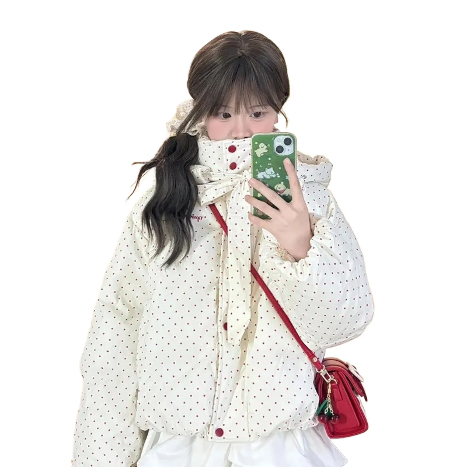 Female Lazy Wind Bow Strap Polka Dot Short Hooded Cotton-padded Jacket Winter Thickened Warm and Cold Cotton-proof Clothing
