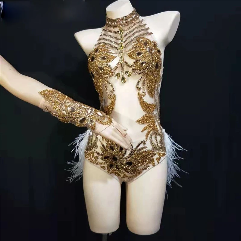 

Nightclub Sparkly Silver Crystals Mesh Bodysuit Gold Feather Leotard Outfit Dance Stage Party Dance Costume