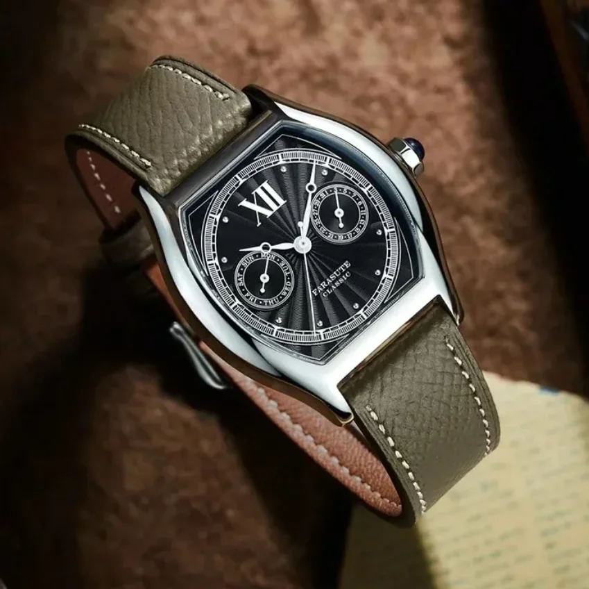 FARASUTE Men Pilot Watch 36mm*44mm Vintage Tonneau Case Quartz Wristwatch Sapphire Enamel Dial VH64 Dual Calendar Week Date
