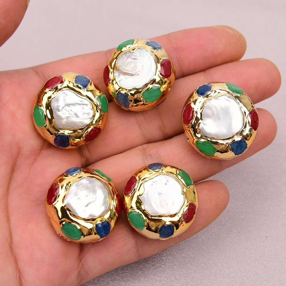 APDGG 5 Pcs 26mm Natural White Pearl Multi Colorful Jades Beads Jewelry making accessories