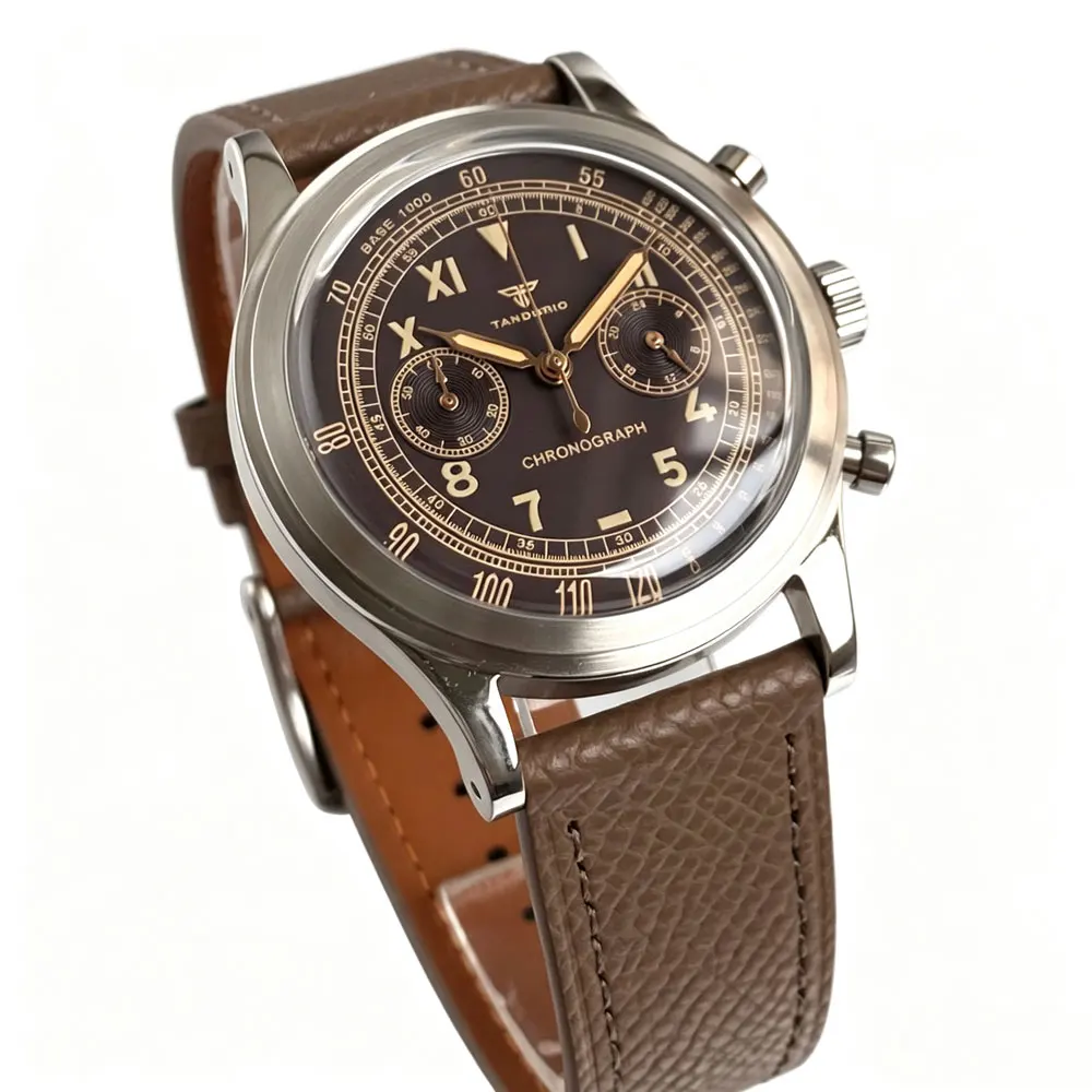 Tandorio 38mm Domed Glass Retro Silver/Black/Rose Gold Chronograph Lume Dark Brown Dial Miyota OS21 Men Quartz Watch Leather