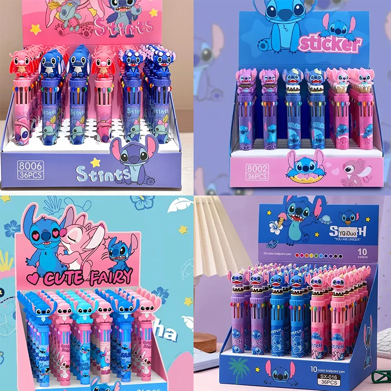 

Stitch 36pcs Ballpoint Pen Disney Cartoon 10 Color Marker 0.7mm Kids Graffiti Multicolor Hand-Held Pen Students Learn Stationery