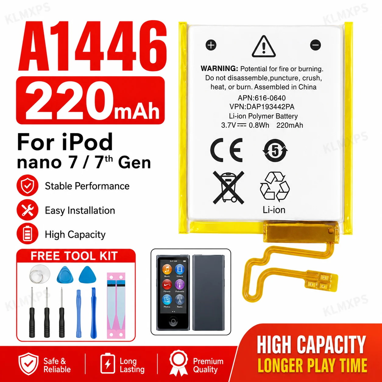 Литий-ионный аккумулятор 616-0640 для iPod Nano 7-го поколения A1446, MP3/MP4-плеер, сменный элемент питания с набором инструментов для ремонта