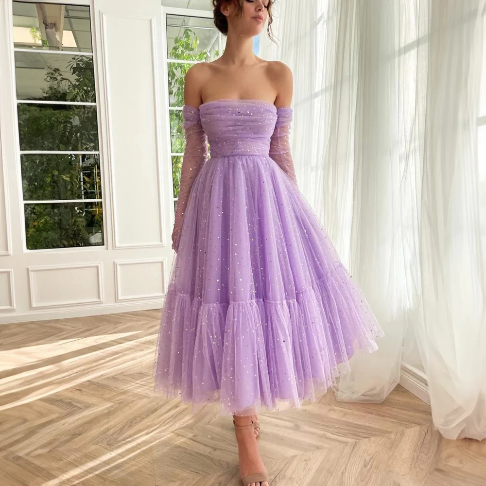 Boat Collar Strapless Pleated Tulle Sequins Prom Dress for Women Elegant A-line Tea-Length Prom Gown robe de mariée