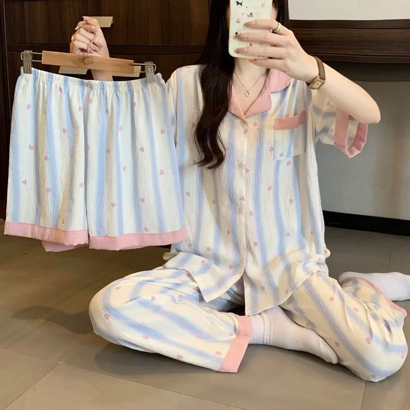 Women's Pajama Set Short Sleeve Shorts Long Pants Pyjamas Pijama Sleepwear Loungewear Nightwear Heart Print Summer Homewear New