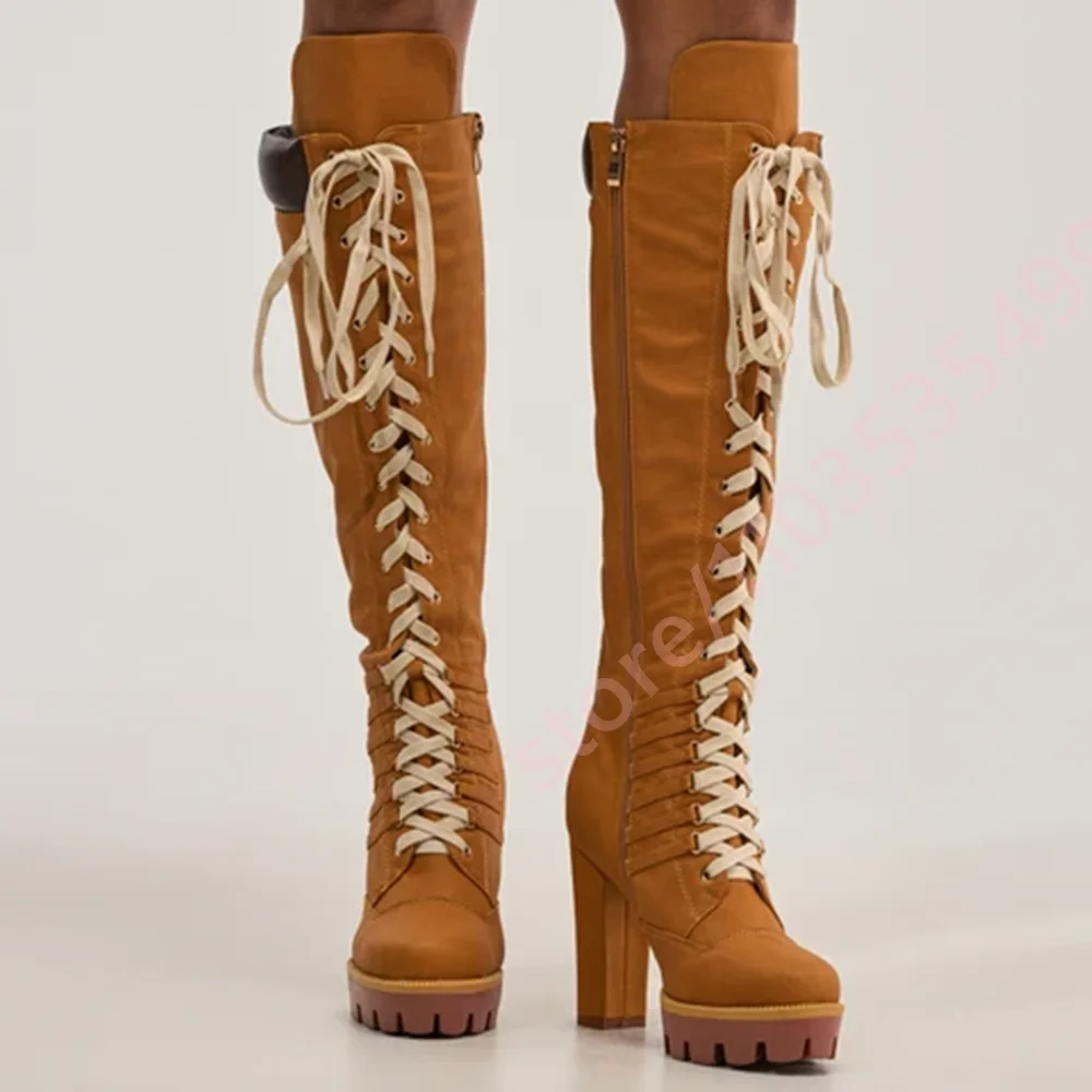 Women Knee High Block Heel Boots Lace Up Front Platform Chunky Heel Long Boots Spliced Top Cap Fashion Lug Sole Party Tall Boots