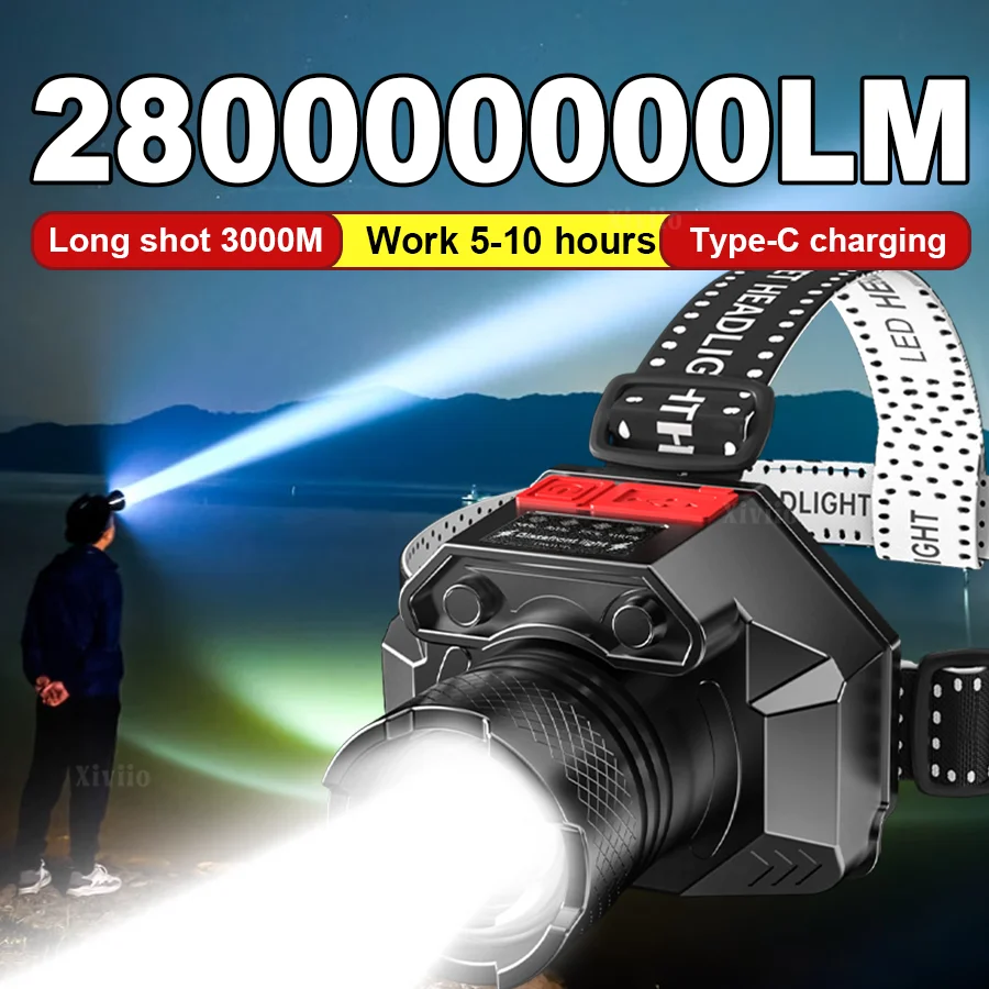 Headlamp Tactical Bright - 最新の超高輝度ハイパワーヘッドライト、充電式LEDヘッドライト、戦術的ズーム、強力な防水ヘッドランプ、アウトドアフィッシング用