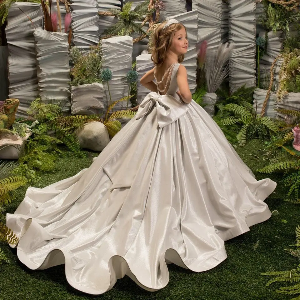 Silber Kind Blumen mädchen Kleider lange Applikation rücken freie Bogen Hochzeit Ballkleid Pailletten Prinzessin Geburtstag Festzug Kleid mit Zug