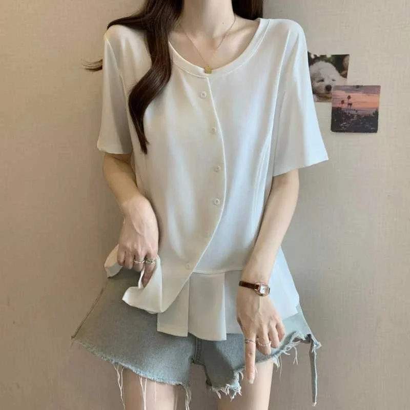 

Plus Size Summer Irregular Pleated T Shirt Loose Short Sleeve Boxy Top Tummy Cover Slimming Casual Chic For Curvy Women