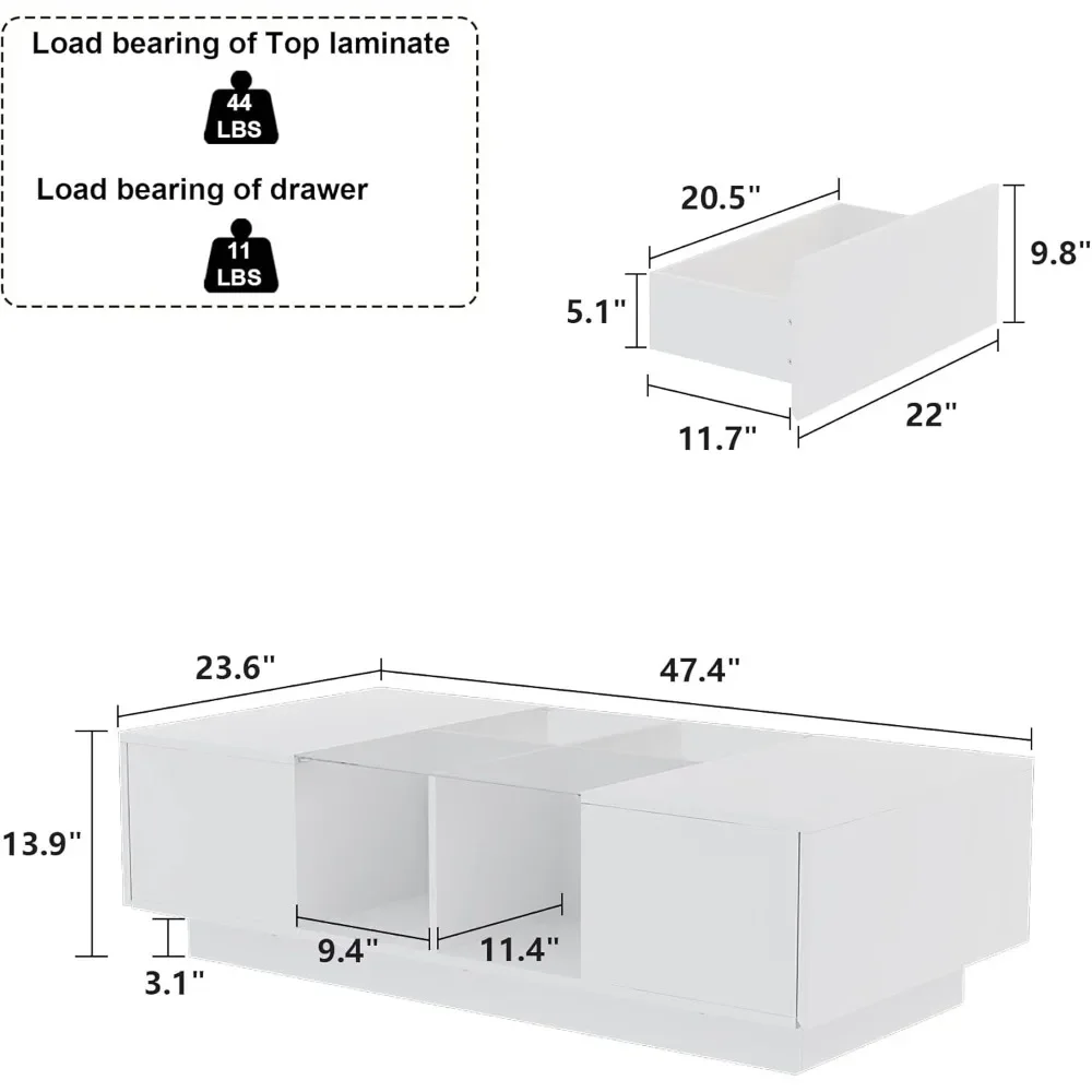 Mesa de centro LED moderna com gavetas e compartimentos abertos, mesa retangular, tampo de vidro para sala de estar