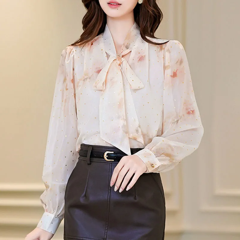 بلوزة قميص نسائية جديدة بأكمام طويلة وياقة على شكل فيونكة مطبوعة قميص شيفون بلوزة نسائية بلوزات قمصان Blusas Para Mujer 2025 Q740