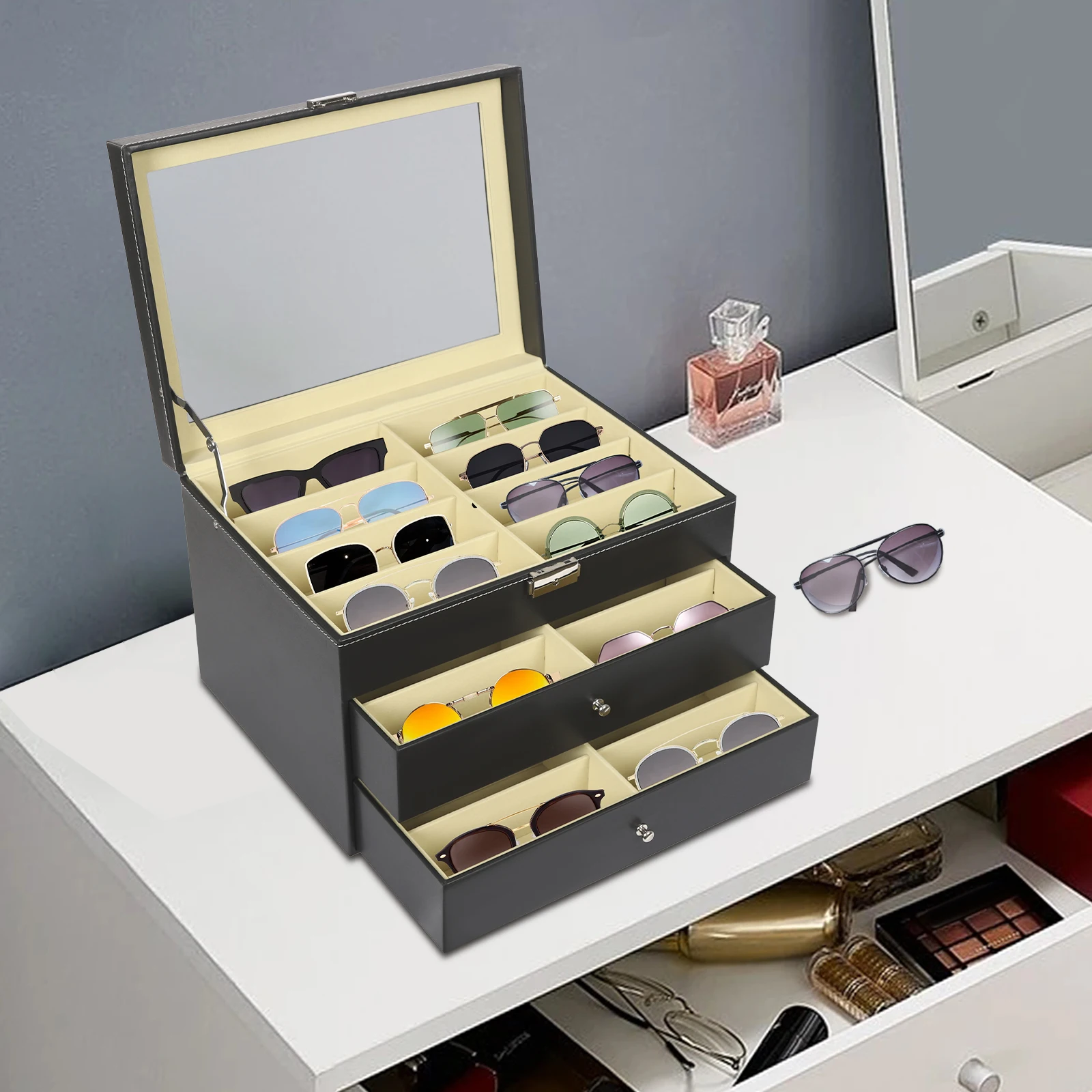 3-Schichten Organizer aus Leder mit Schublade 24 Fächer Brillenbox Aufbewahrungskoffer Rostbeständig für Sonnenbrillen – Detail 3