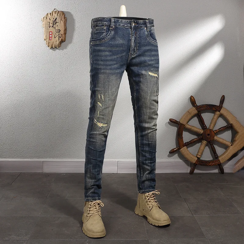 

Dark Blue Vintage Make Old Ripped Patch Jeans Men 2024 New Street Locomotive Fashion Men's Clothing Stretch Slim Fit Pants