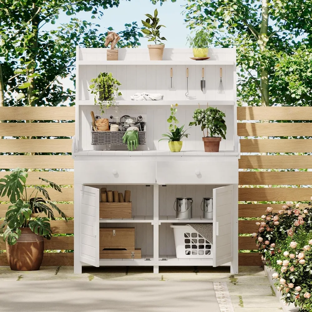 

Potting Bench with Cabinet, 65 Inch Large Garden Potting Bench Table with Storage Shelf and Drawers, Fir Wooden Outdoor Work Be