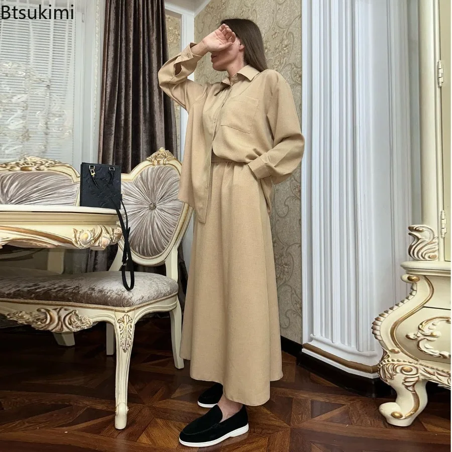 2024 Fashion 2 Piece for Women Muslim Sets Dubai Turkish Blouses Cardigan with Long Skirt Suit Ramadan Islamic Modesty Outfits