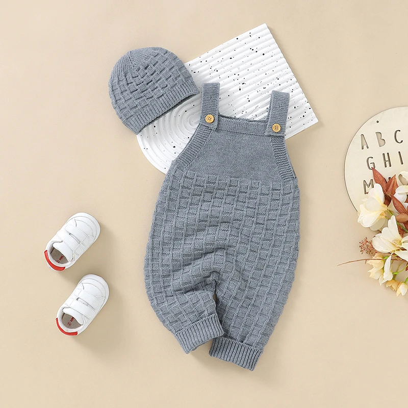 

Baby Romper Knit Autumn Newborn Girls Boys Jumpsuit Sleeveless Infant Kid Clothing Hat Fashion Solid 0-18M Overalls 2PC Playsuit