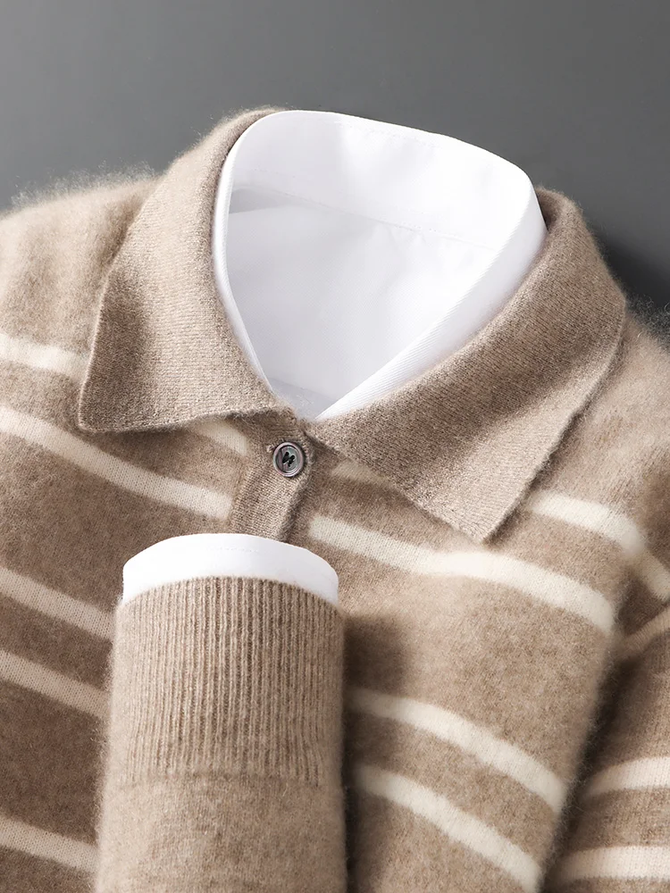 

Мужской свитер-поло из 100% мериносовой шерсти, осенне-зимний повседневный модный кашемировый вязаный свитер в полоску