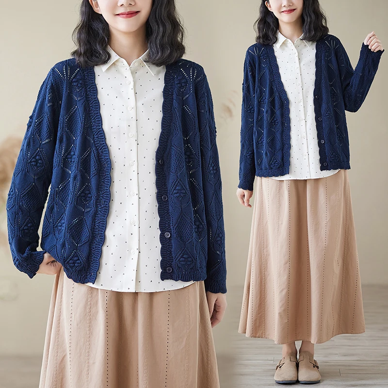 

Свободный вязаный кардиган с V-образным вырезом из смеси хлопка, удобный художественный топ, осенняя мода, маленький топ в стиле ретро, японский топ