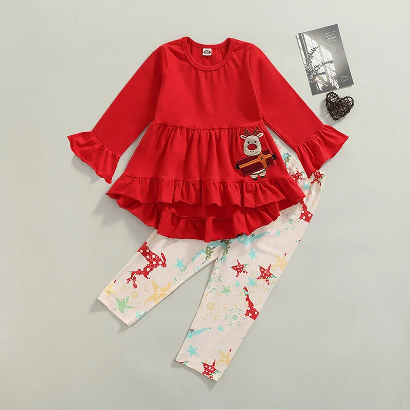 

Christmas Baby Long Sleeve and Pants Set Adorable Elk Embroidery with Cartoon Print and Ruffle Detail Festive Outfit