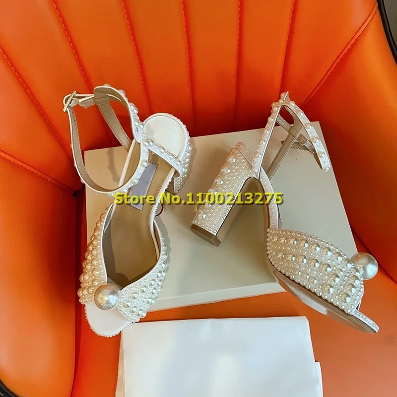 Block Heel Peep Toe Sandals Ankle Strap Pearl Decor Real Picture Top Quality Square Heel Fashion 2024 Summer Women Sandals