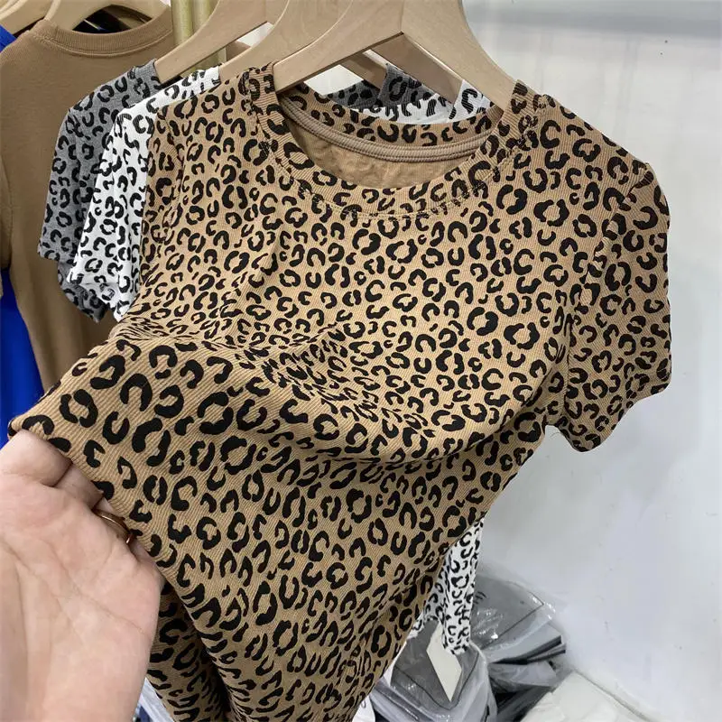 Classic Khaki Leopard Vintage Mini T Shirts Crop Tops Slim Sexy Office Ladies Basic Summer Large 2XL 2022 Korean Brand Fashion