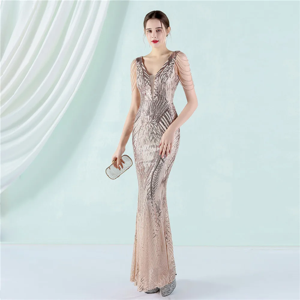 DEERVEADO Elegant V Neck Mermaid Evening Dresses for Women Bodycon Sequins Formal Dress with Beading Long Prom Party Dresses