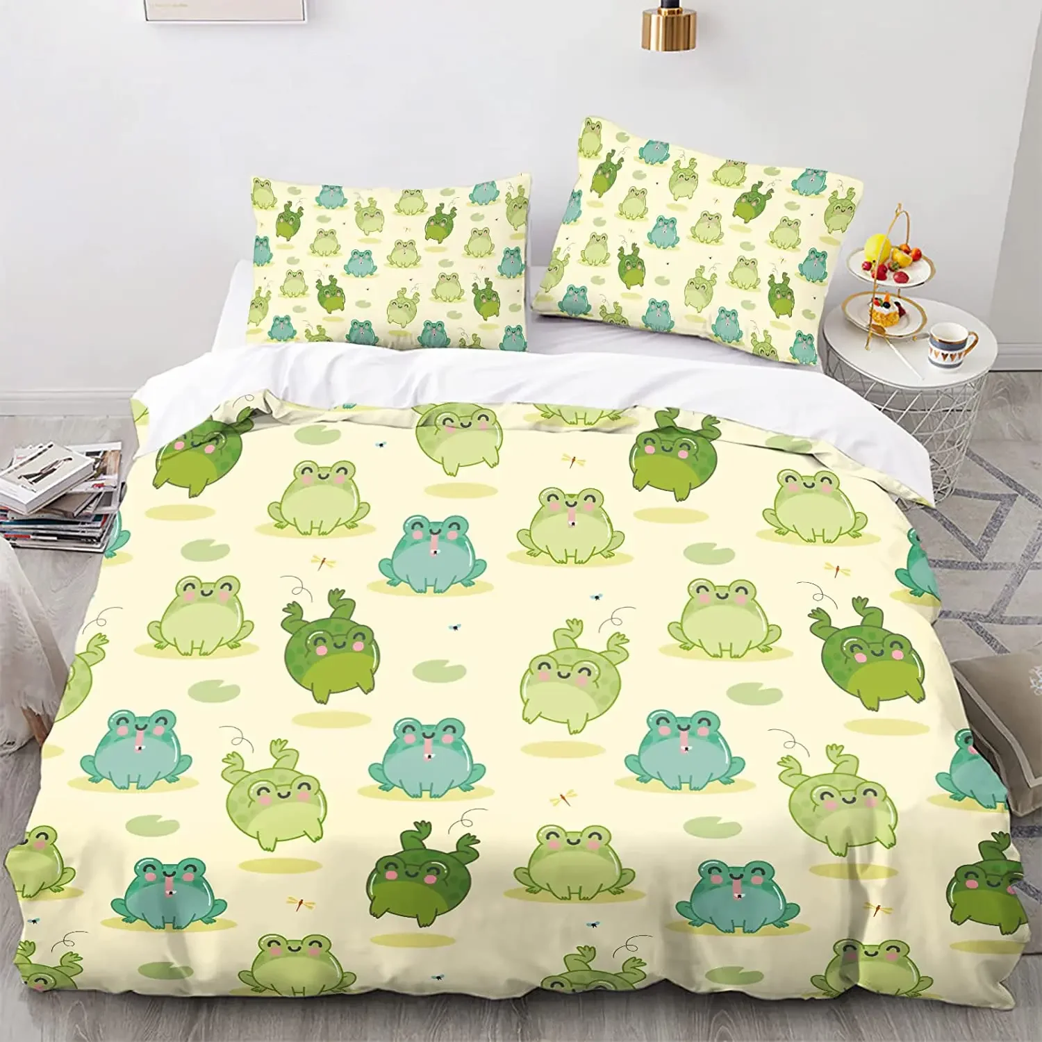 Frog Duvet Cover Set Cute Kawaii Cartoon Frog Pattern King Queen Size Polyester Comforter Cover With Pillowcase For Kids Girls