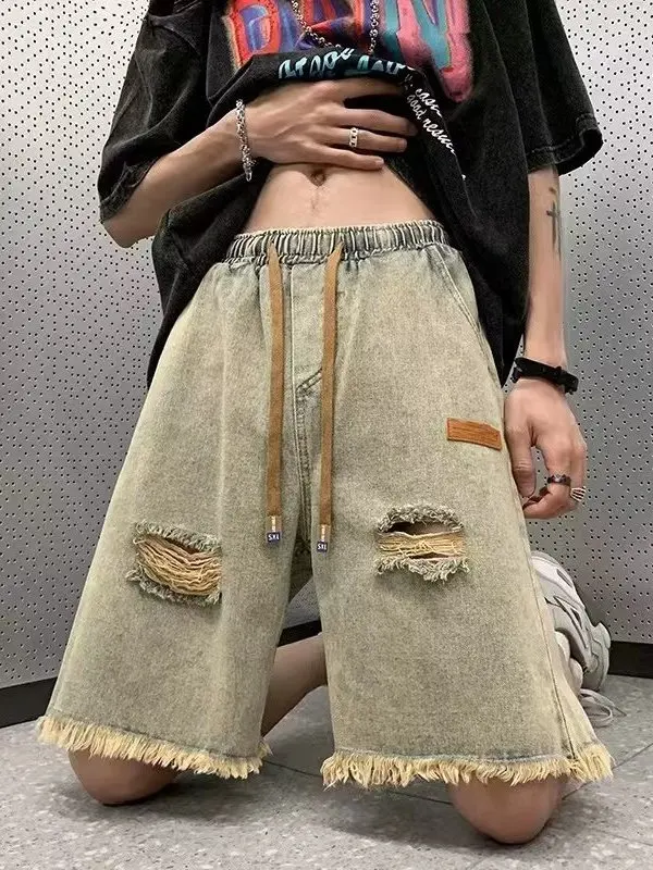 Washed Denim Short Pants Men Summer Trendy Casual Loose Fit Straight Leg Worn Hole Design Classic American Style Jeans Shorts