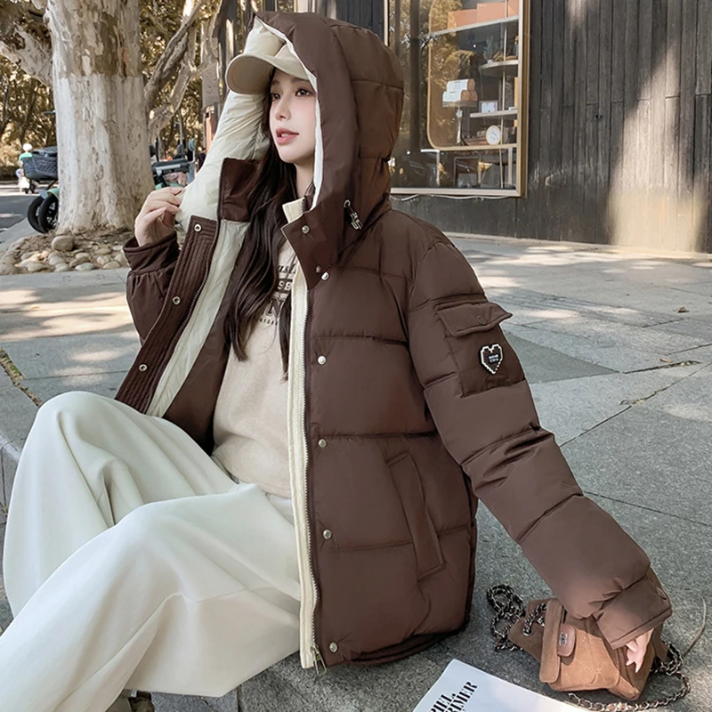Parker Winter Warm Hooded Short Jacket Women Cotton New Solid Color Loose Thick Long Sleeved Zipper Fashion Women Cotton Jacket