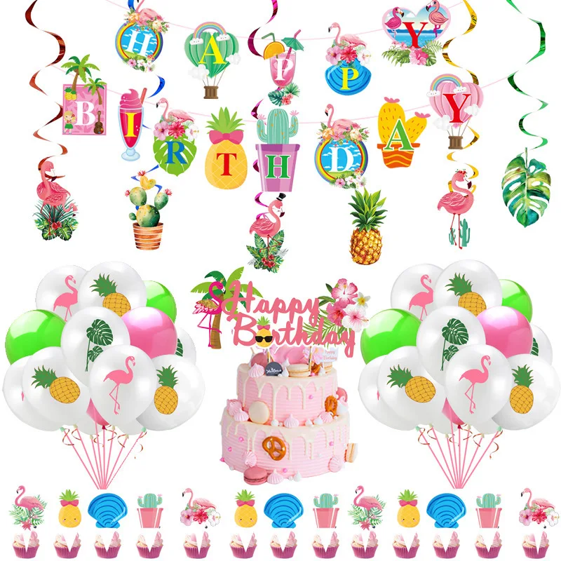 New Hawaiian Flamingo Kids Birthday Party Supplies Paper Plates Cups Napkins Banner Balloons For Party Decorations
