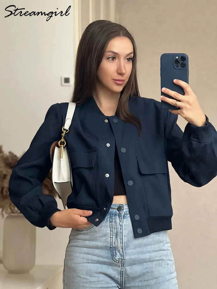 Streamgirl Autumn Bomber Jackets For Women With Big Pockets Outerwears Chic Tops Vintage Coat Women 2023 Jackets Long Sleeve