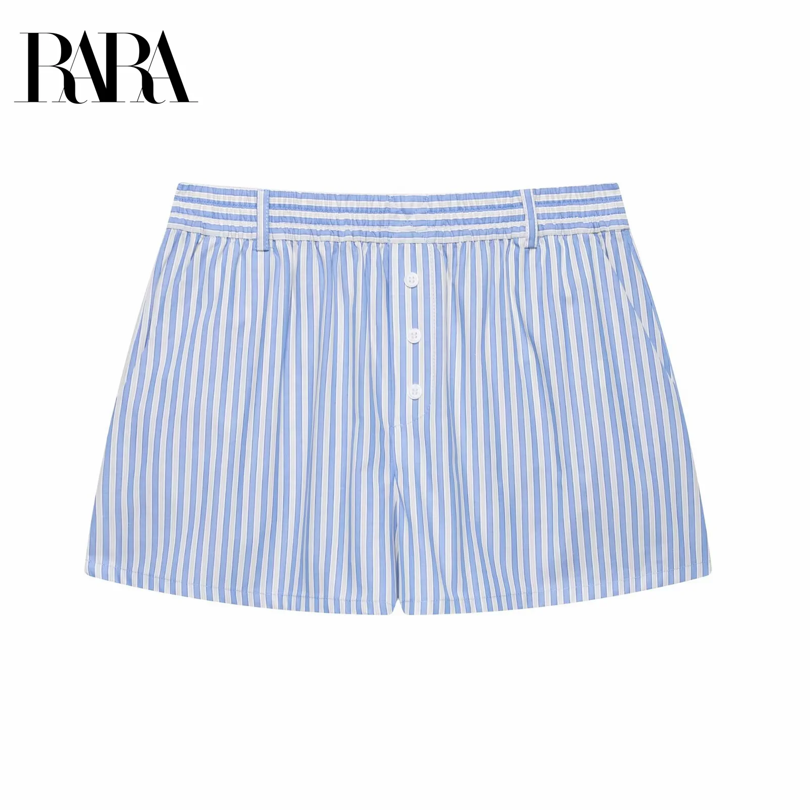 

RARA Womens Mid Rise Vacation Style Striped Shorts Elastic Waistband Button Detail Casual Summer Fashion