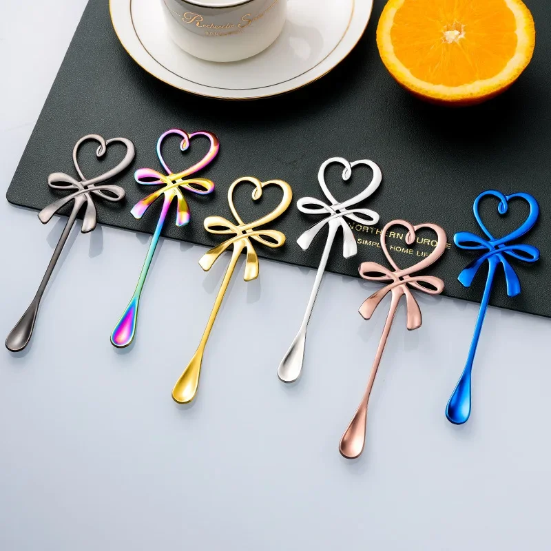 Mini Bow Knot Heart Shaped Spoon Stainless Steel Coffee Tea Dessert Spoon Hanging Spoon Table Decoration Flatware