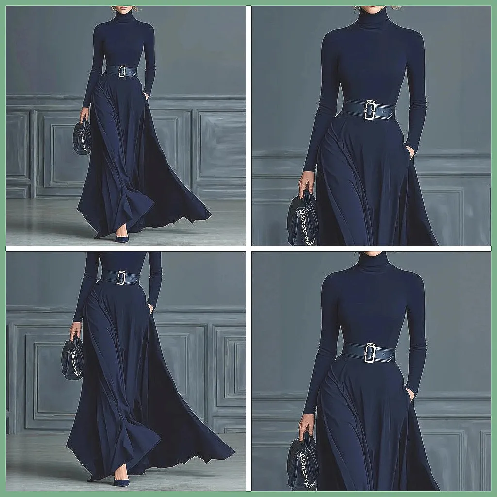 

Elegant Solid Color Turtleneck Maxi Dress for Women, Long Sleeve Office & Party Dress (Character Count: 78)